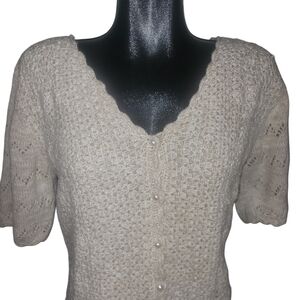 Beige Colored Crochet Button Front Short Sleeve Sweater L